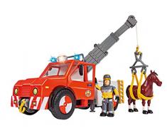 Simba 109258280 - Feuerwehrmann Sam Phoenix mit Figur und Pferd / 23cm / Mit Sam Figur und Pferd / Ausfahrbarer Kran / Mit Blaulicht