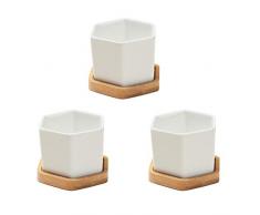 VROSE FLOSI 3 Set von kleinen Behältern Sechskant in weißer Keramik Behälter Sukkulente in Keramik mit Bambus-Vase