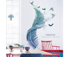WandSticker4U®- Wandtattoo Wohnzimmer FEDER blau I Wandbilder: 124×72cm I Wandsticker Modern Schlafzimmer Aufkleber Vogel Poster I Wand Deko für Küche Bad Flur Möbel Fenster GROSS
