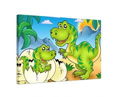 Wandbild - Dino Kinderbild - Tyrannosaurus Rex - Bild auf Leinwand - 70x50 cm 1 teilig - Leinwandbilder - Kinder - Dinosaurier - Raubtier - Mama mit Baby