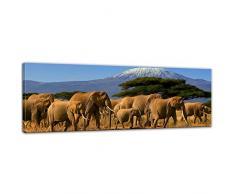 Keilrahmenbild - Elefanten am Kilimandscharo - Bild auf Leinwand 120 x 40 cm - Leinwandbilder Bilder als Leinwanddruck Tierbild Natur Afrika - Elefantenherde auf Wanderung