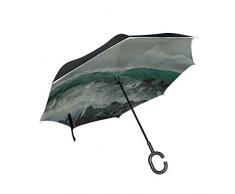 Double Layer Inverted Boys Faltschirm Wasserwand wie EIN Tsunami Gefährliche Riff Womens Inverted Umbrella Faltschirme für Männer Winddichter UV-Schutz für Regen mit C-förmigem Griff