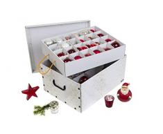 Kreher Weihnachtlicher XL Deko Karton mit Einsätzen für ca. 40 Weihnachtskugeln. Aus stabiler Pappe mit Griffen aus Kunststoff. In Weiss mit einem goldfarbenen Retro-Design Aufdruck.