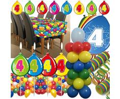 63-teiliges Deko-Set für den * 4. GEBURTSTAG * // mit Tischdecke, Wimpelkette, Geburtstagskerzen, Luftballons, Ballon-Haltern und Luftschlangen // Dekoration Kinder Kindergeburtstag vierter bunt Kerzen