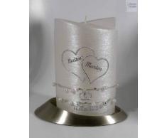 Hochzeitskerze modern Oval 19/13 cm, Silber -1291- mit Namen und Datum - Perlmutt-Struktur und Perlenband - Kerze zur Hochzeit - Brautkerze - Herz