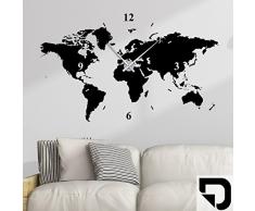 DESIGNSCAPE® Wandtattoo Uhr Weltkarte 100 x 60 cm (B x H) schwarz inkl. Uhrwerk silber, Umlauf 44cm DW813006-M-F4-SI