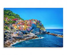 Fotoleinwand 90x60cm Landschaftsfotografie – Farbenfroher Hafen, Cinque Terre, Italien auf Leinwand exklusives Wandbild moderne Fotografie für ihre Wand in vielen Größen