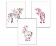 Pandawal Wandbilder Kinderzimmer/Babyzimmer Bilder für Mädchen Einhorn/Pferde 3er Poster Set Pferd Rosa Pink Deko (P10) im DIN A3 Format
