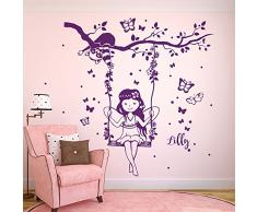 ilka parey wandtattoo-welt® Wandtattoo Elfe Fee auf Schaukel mit Waschbär Schmetterlinge Punkte und Namen M2129 - ausgewählte Farbe: *lila* ausgewählte Größe: *M - 80cm breit x 72cm hoch*