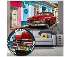 GREAT ART XXL Poster – Oldtimer in Havanna Wanddekoration – Auto Wandbild Kuba Artwork Illustration Roter Chevrolet Wohnzimmer Kunst Motiv Kubanische Straße Dekoration (140 x 100 cm)