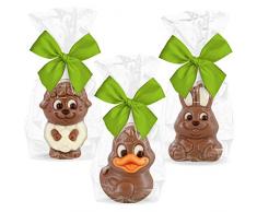 3 süße Tierfiguren aus Schokolade - Set mit Hase, Ente und Lamm - einzeln verpackt mit Schleife