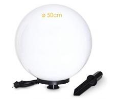 Kugelleuchte Miau, Kugellampe mit Erdspieß, Außenleuchte aus weißem Kunststoff Ø 50 cm, Außenleuchte mit E27-Fassung, Leuchtkugel mit 5 Meter Zuleitung