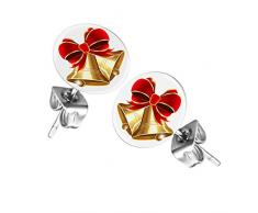 Mianova Ohrringe Stecker Rund Klein Ohrstecker Runde Platte Silber mit Winter Weihnachts Motiv Weihnachtsglocken mit Schleife Rot Gold