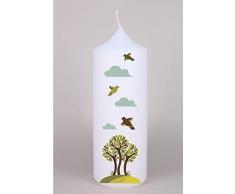 Kerzenhelden Kommunionkerze mit Namen und Datum Motiv Baum und Vogel Tischdeko Tischdeko für Kommunion Altarkerze Weiß