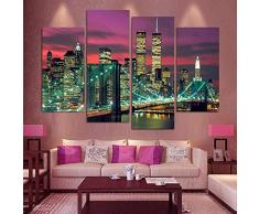 FYBSNDY Leinwandbild Wandbild 4 Panels Manhattan Brooklyn Bridge Ansicht Abstrakt Wohnzimmer Dekoration Modulares Bild 40x80cmx2 40x100cmx2 Ohne Rahmen