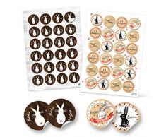 SET 96 Frohe Ostern Aufkleber Osterhase Osterdeko bunt Osteretiketten rund Verpackung Kindergeschenke Geschenke Give-Away braun beige weiß rot