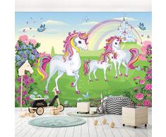 Forwall Fototapete Vlies Tapete Einhorn Kinderzimmer - Mädchen Blumen Schloss Moderne Wanddeko Wandtapete für Kinder 13239V8 368cm x 254cm