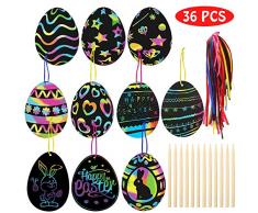 Koogel Osterei Kratzbilder, 36 Stück Kratzpapier Bastelset Kinder mit Holzstäbchen und Buntem Band für Ostern Geburtstag Party Dekoration DIY Handwerk