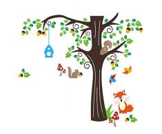 Grandora Wandtattoo Baum mit Fuchs Vögel Eichhörnchen I 128 x 115 cm (BxH) I Kinderzimmer Mädchen Deko für Babyzimmer Junge Aufkleber Wandaufkleber Wandsticker W5296