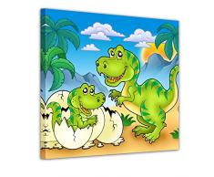 Wandbild - Dino Kinderbild - Tyrannosaurus Rex - Bild auf Leinwand - 40x40 cm - Leinwandbilder - Kinder - Dinosaurier - Raubtier - Mama mit Baby