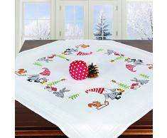 Stickpackung WICHTEL, komplettes vorgezeichnetes Kreuzstich Tischdecken Set, Winter Stickset mit Stickvorlage für Erwachsene, Sticken zur Adventszeit und Weihnachten