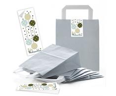 25 kleine hell-grau Weihnachts-Tüte Geschenktüte Papiertüte Henkel 18 x 8 x 22 cm Papiertaschen + grün weiß WEIHNACHTSKUGELN Aufkleber FROHE WEIHNACHTEN Verpackung weihnachtlich