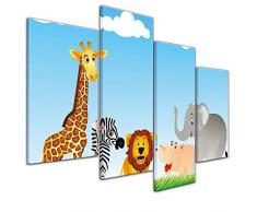 Kunstdruck - Kinderbild Tiere Cartoon VI - Bild auf Leinwand - 120x80 cm vierteilig - Leinwandbilder - Kinder - freundliche Tiere in der Savanne