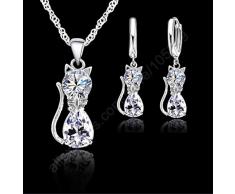 Féeries et merveilles Katzen-Figur – Halskette mit Anhänger & Ohrringe, Katze, rhodiniert, weiße Kristalle von Swarovski® – Schmuckset Katze