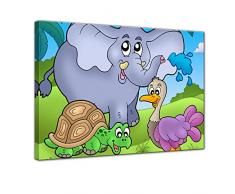 Kunstdruck - Kinderbild Tropische Tiere - Bild auf Leinwand - 80x60 cm einteilig - Leinwandbilder - Kinder - lustige Tiere - Elefant, Schildkröte und Strauß