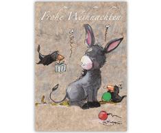 1er Set Süße Weihnachtskarte mit kleinem Esel und Geschenke Raben, innen blanko/ weiß auch schön als Weihnachtsgrüße geschäftlich / Firmen Glückwunsch zu Neujahr / Unternehmen Weihnachtskarte für Kunden, Geschäftspartner,