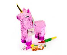 Trendario Einhorn Pinata Set, Pinjatta + Stab + Augenmaske, Ideal zum Befüllen mit Süßigkeiten und Geschenken - Piñata für Kindergeburtstag Spiel, Geschenkidee, Party, Hochzeit