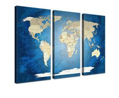 LanaKK - Weltkarte Leinwandbild mit Korkrückwand zum pinnen der Reiseziele â âWorldmap Blue Ocean â - englisch - Kunstdruck-Pinnwand in blau, dreiteilig & fertig gerahmt in 150 x 100 cm