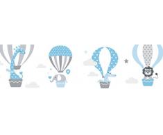 lovely label Bordüre selbstklebend HEISSLUFTBALLONS BLAU/GRAU - Wandbordüre Kinderzimmer/Babyzimmer mit Tieren - Wandtattoo Schlafzimmer Mädchen & Junge – Wanddeko Baby/Kinder