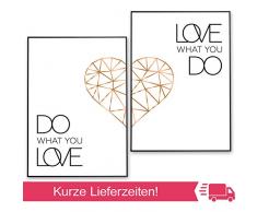 POSTER-SET mit Spruch DO WHAT YOU LOVE 50x70 mit Herz in Rose-Gold - BILDER-SET XXL Typographie - WAND-BILD - STATEMENT Zitat Sprüche Schriftzug Liebe - WAND-DEKORATION schwarz weiß - WAND-DEKO