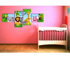wandmotiv24 Leinwandbild Animal Group LW404 Wandbild, Bild auf Leinwand, 4 Teile, 100x45cm, Kunstdruck Canvas, XXL Bilder, Keilrahmenbild, fertig aufgespannt, Bild, Holzrahmen, Urwald, Tiere, Kinder,