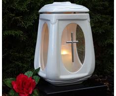 ♥ Grablampe Grablicht Keramik weiß Glas mit Kreuz und Grabkerze Grablaterne Grabschmuck Grableuchte Laterne Kerze Lampe Licht Grab
