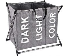 X-cosrack Wäschesortierer mit 3 Fächern, Wäschekorb Wäschebox Größe Wäschesammler aus Oxford Mit Kordelzug und Griffen, Grau