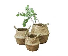 3er Set Wäschekorb - GOODCHANCEUK Faltbar Seegras Blumenkorb Handgewebt Blumen Stroh Korb für Pflanze Blumentopf mit Griffen
