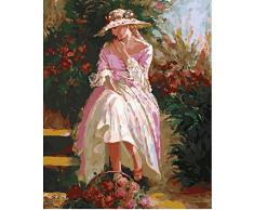 AZYVv Erwachsene Malen Nach Zahlen Kind DIY Ölfarbe Durch Anzahl-Frau, Die Im Treppenkorb-Blumenhut Sitzt-Art Personality Casual Games Lustiges Spielzeug Für Familienfreunde 40x50cm (Kein Rahmen)