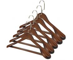 TRIXES 5 Stück Holzbügel - Kleiderbügel für Anzüge Kleider Hosen Hemden Blusen UVM - Stilvolle dunkle Eiche - rutschfest - mit Hosenbügel - Breite Schulter - Drehhaken - Farbe Braun - 45cm