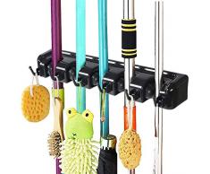 Vicloon Besenhalterung, Gerätehalter Ordnungsleiste Wandhalterung Ordnungsleiste Wandhalter für Mopp, Besen und Gartenwerkzeug (6 Haken und 5 Schnellspannern-Schwarz)
