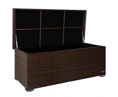 PREMIUM Sienna 650l Polyrattan Garten Kissenbox wetterfest (regnet nicht rein) 155 x 73 x 60 cm, Auflagenbox mit verstärktem Deckel und Gasdruckfedern, als Sitztruhe oder Tischplatte, Java Braun