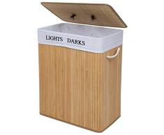 Meerveil Bambus Wäschekorb faltbar mit Deckel, 100L Wäschebox mit 2 Fächern, Wäschesammler mit abnehmbare Wäschesack aus Baumwolle, Natur