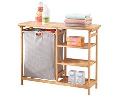 mDesign Badregal mit Wäschesammler – herausnehmbarer Wäschebehälter mit Griffen – mit Regal für Waschpulver, Weichspüler etc. – bambusfarben