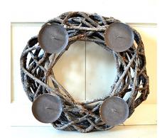 HKT Home Deco Kranz Weihnachtsdeko Adventskranz Adventsteller Rattan Korb Metall Kerzenleuchter rund grau Tischdeko Deko ca. 36cm Durchm.