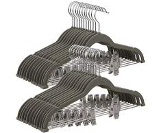 SONGMICS 30 Stück Hosenbügel Kleiderbügel Samt mit Steg und Clips Anzugbügel dünn, rutschfest, platzsparend um 360 drehbarer Haken für Anzüge Hemden Jacken Mäntel 42,5 cm Grau CRF12V-30