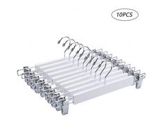 Amber Home 10 Stück 36cm Weiß Kleiderbügel aus Holz, Robust und glänzend Hosenbügel Aufhänger für Hosen, Socken, Röcke, Unterwäsche mit Verstellbaren Clips und Swivel Haken