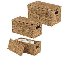 mDesign 3er-Set Aufbewahrungskorb – stilvolle Flechtbox mit Deckel aus Seegras – Regalkorb mit Griffen zur idealen Aufbewahrung von Kleidung, Spielzeug oder Zeitschriften – naturfarben