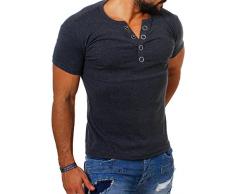 Young & Rich Herren Uni feinripp T-Shirt mit Knopfleiste & tiefem Ausschnitt deep V-Neck einfarbig Big Buttons große Knöpfe 1872, Grösse:L;Farbe:Dunkelgrau