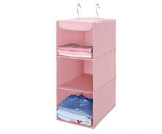 MaidMAX Hängeaufbewahrung mit 3 Fächern, Kleiderschrank Organizer, faltbares Hängeregal, Hängeorganizer aus Stoff, Hängender Stoffschrank mit Eisengestell, Aufbewahrungssystem für Kleidung-rosa